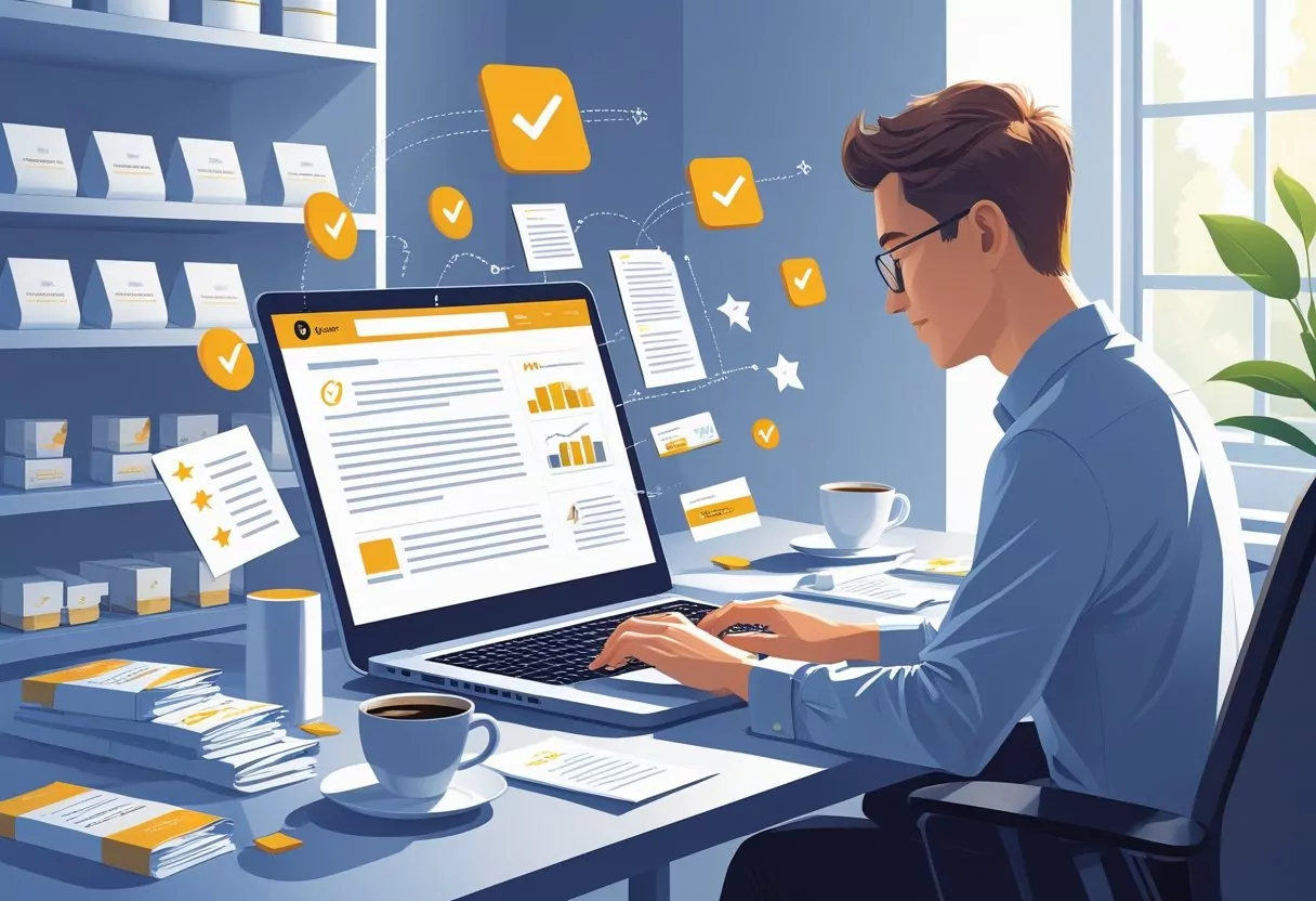 A person working at a desk with a laptop, surrounded by product packages and notes, focusing on writing product descriptions.