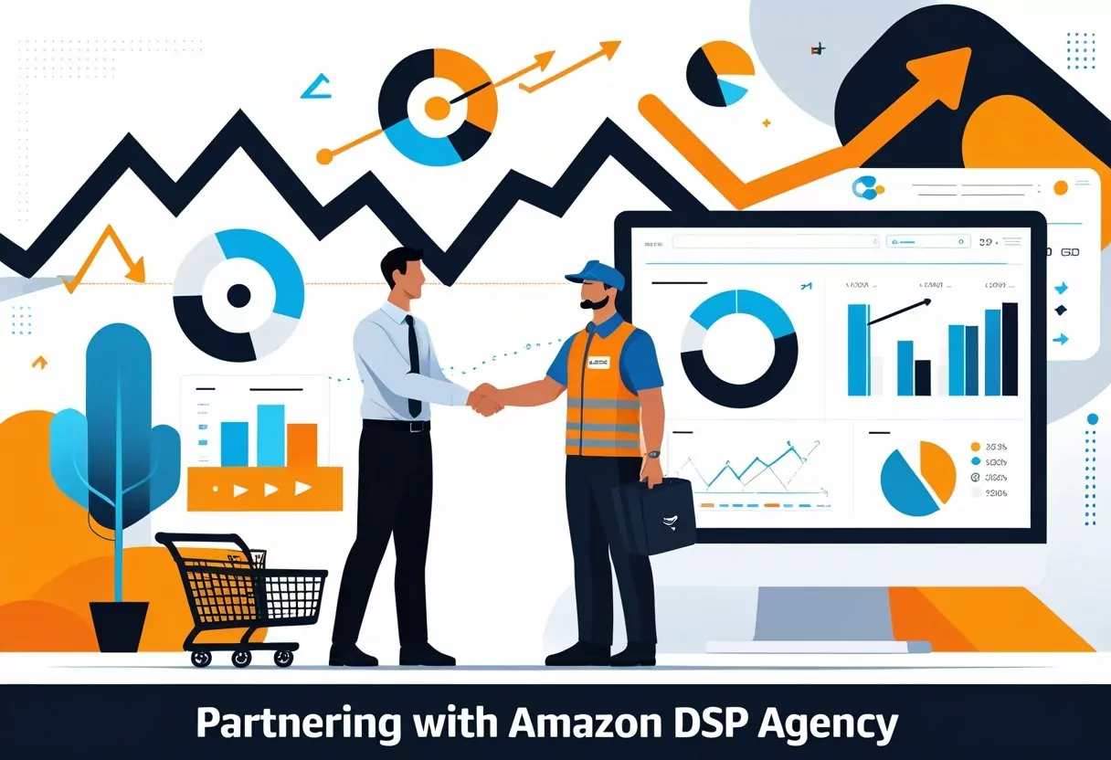 A businessperson shaking hands with an Amazon delivery driver surrounded by icons representing growth, marketing, and digital analytics.