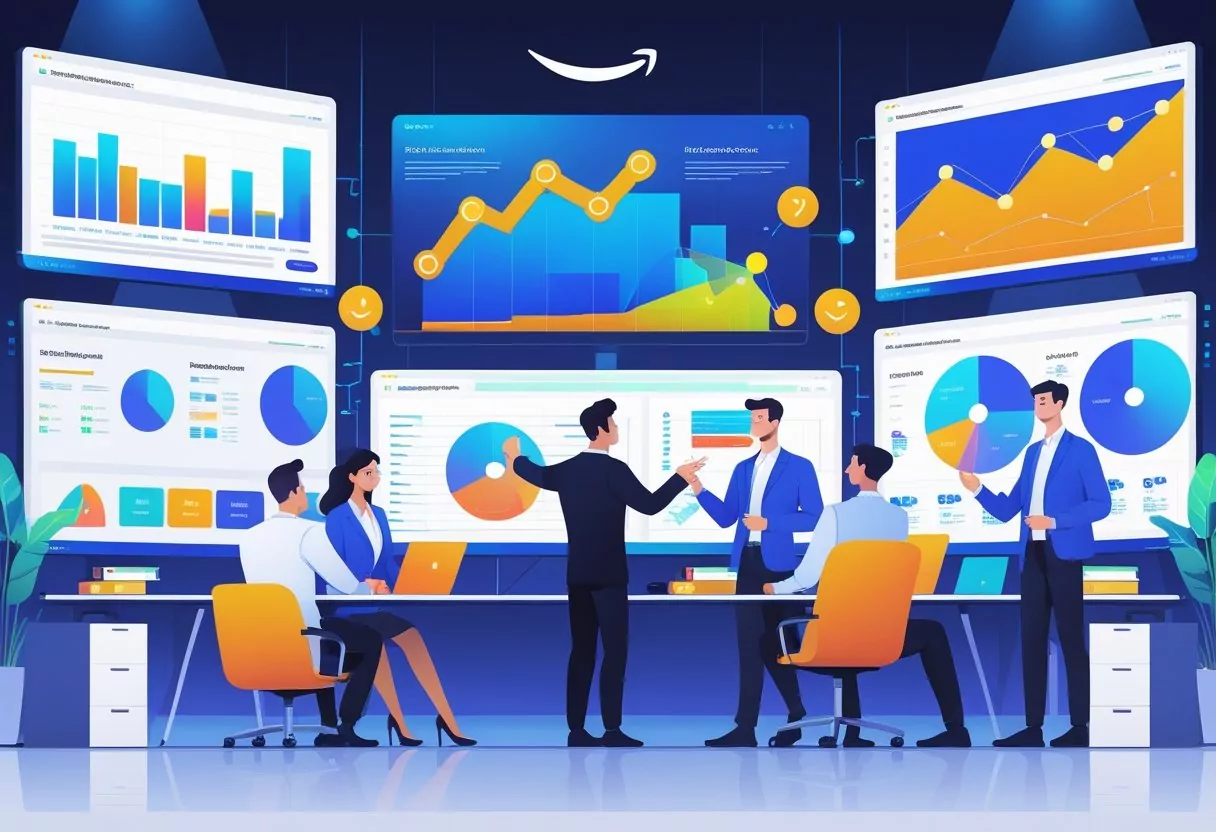 A team of marketing professionals working together in a modern office with computer screens showing advertising data and charts.