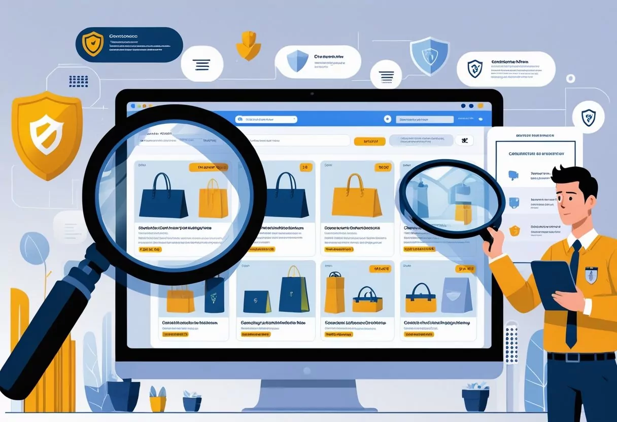 A person examining suspicious products on a digital marketplace screen with an inspector reviewing items nearby.