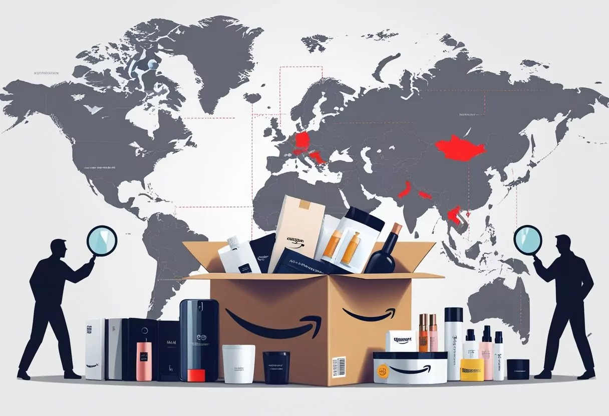 An illustration showing a world map with highlighted areas and an open Amazon package revealing both genuine and fake products, with figures distributing counterfeit goods around it.
