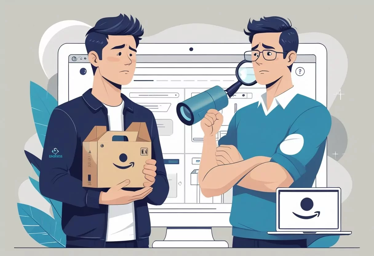 A consumer holding a flawed product looking disappointed, and a concerned brand representative beside a damaged brand logo, with an online marketplace interface in the background showing signs of counterfeit warnings.