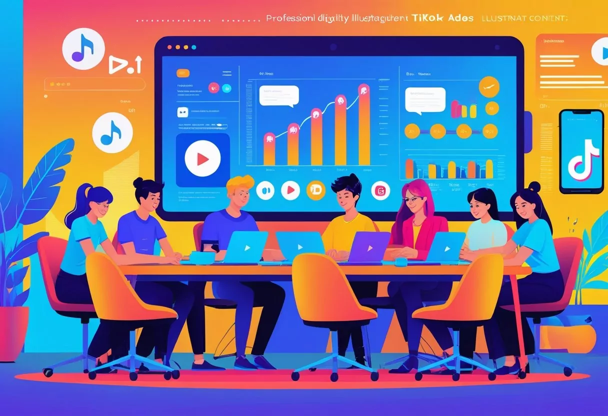 A team of young professionals working together in a bright office with laptops and tablets showing social media content and charts.