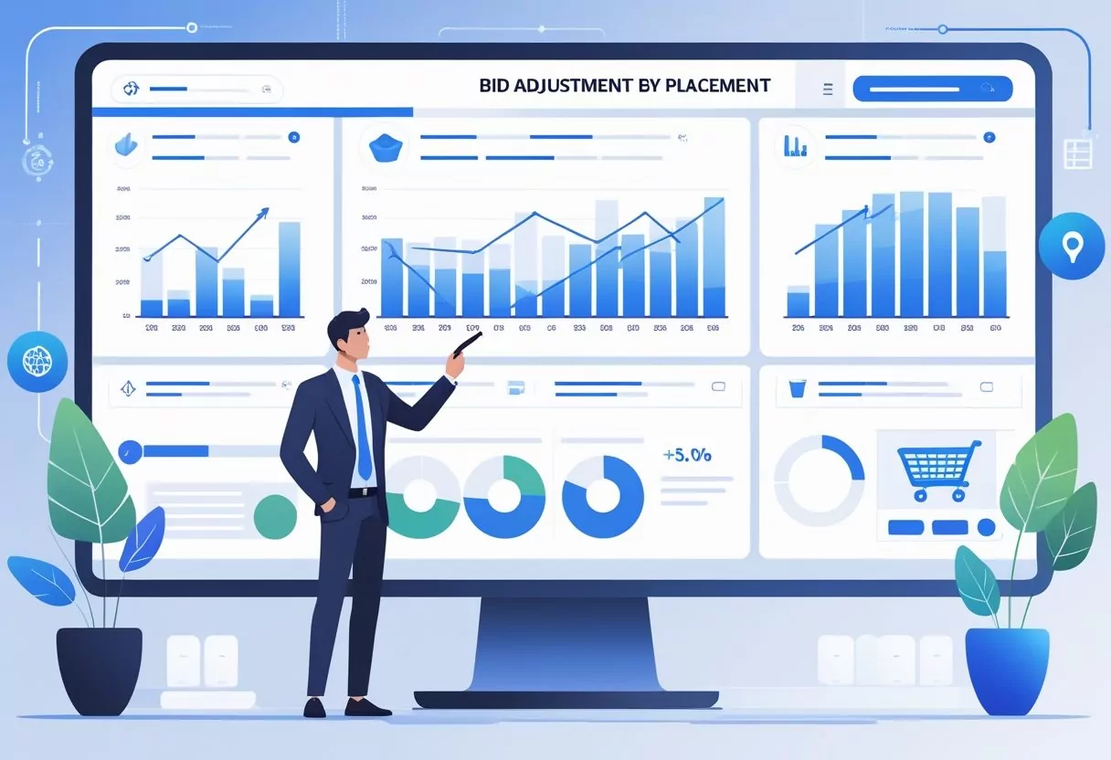 A business professional adjusting bid settings on a digital dashboard showing graphs and icons representing different Amazon ad placements.