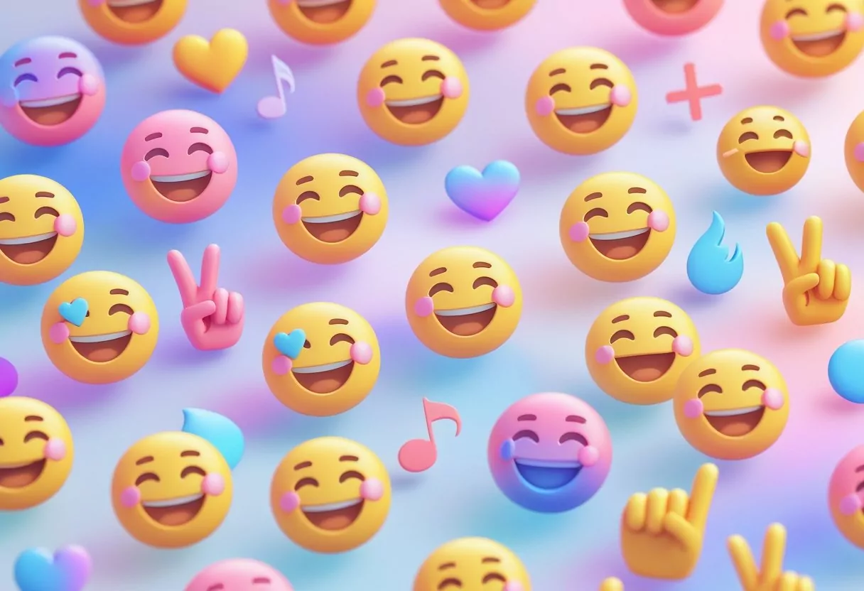 A collection of colorful and expressive emojis including smiling faces, hearts, fire icons, musical notes, and hand gestures arranged on a soft pastel background.