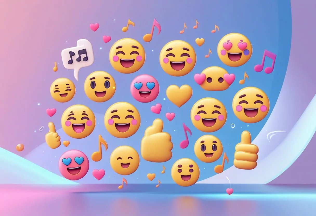 A collection of colorful TikTok-style emojis including expressive faces and symbols floating against a modern abstract background.