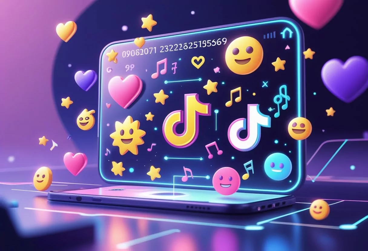A digital interface displaying colorful TikTok emojis surrounded by glowing secret codes and symbols on a modern abstract background.
