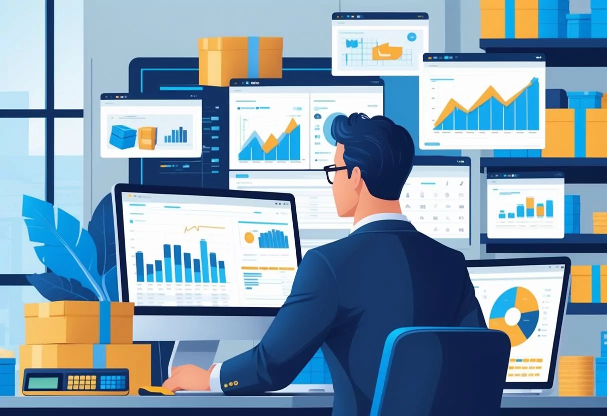 A business professional in an office reviewing financial charts and documents with icons representing damaged goods, lost inventory, and returns around them.