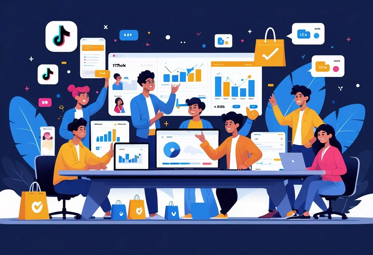 A group of young content creators working together at a desk with digital devices showing sales data and social media icons, symbolizing successful online selling.