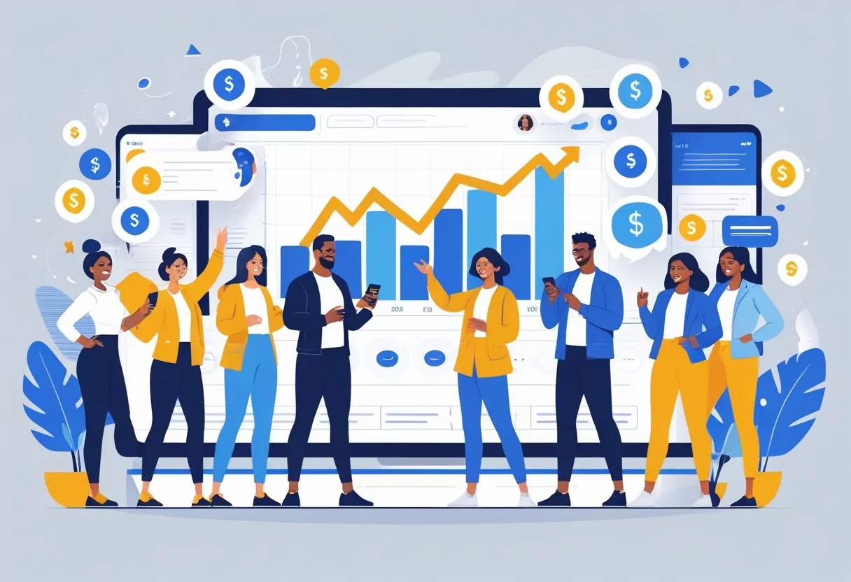A group of content creators engaging with their audience on smartphones, with visual elements representing rising sales and successful product promotion on social media.