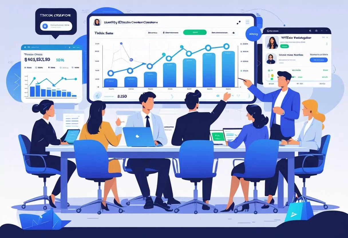 A group of marketing professionals in a meeting room reviewing sales data and TikTok creator profiles on digital screens to identify creators who drive sales.