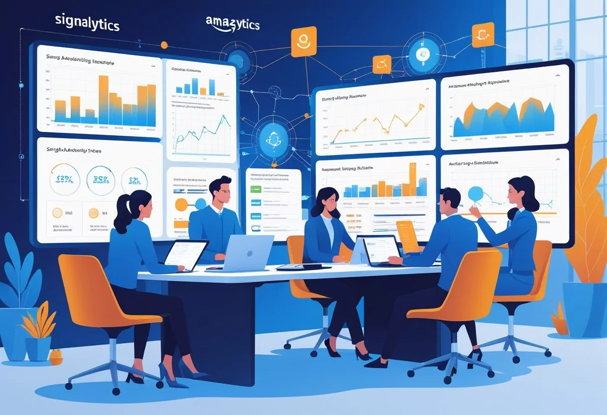 A team of professionals working together around a table with digital screens showing data and charts related to Amazon advertising.