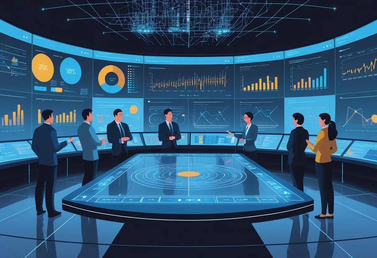 A team of professionals working together around digital screens and data visualizations in a modern control room focused on optimizing Amazon ads.