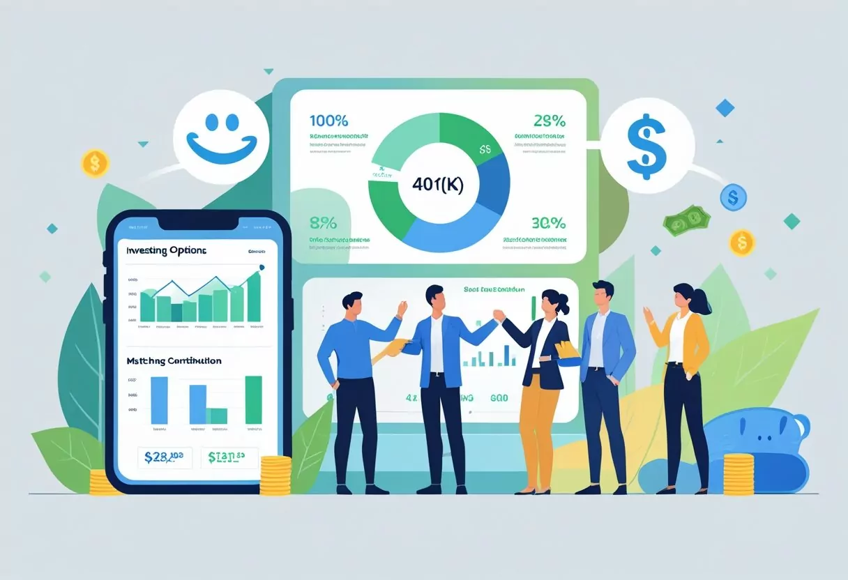 A group of employees reviewing charts and graphs about investment options and retirement savings, with symbols representing financial growth and matching contributions.