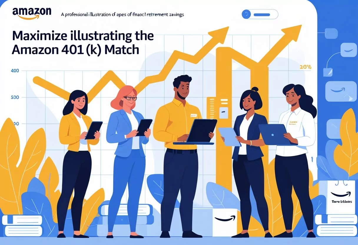 A group of Amazon employees reviewing retirement plans with a growth chart in the background in a modern office.