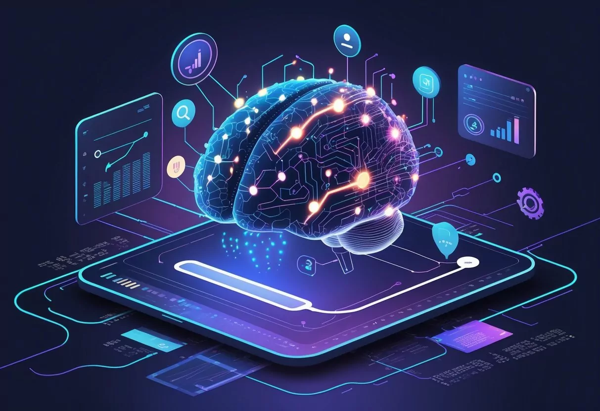 A digital illustration showing interconnected data nodes, a brain made of circuits, and icons representing shopping and search processes.