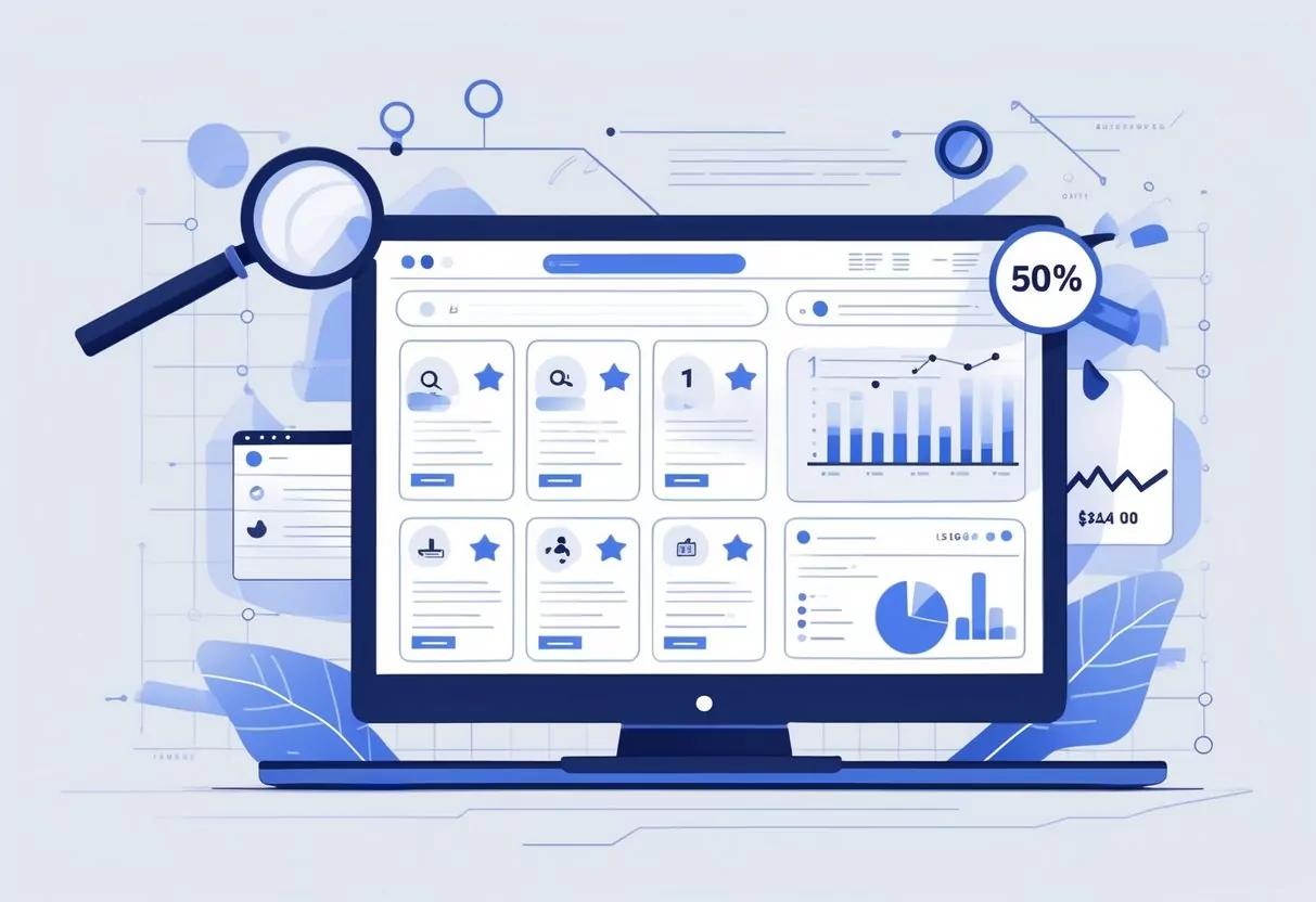 An illustration showing product listings on an e-commerce platform surrounded by icons representing search relevance, customer reviews, delivery speed, pricing, and sales performance.