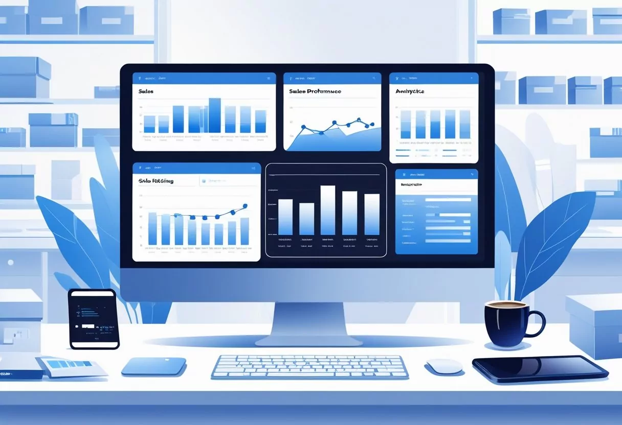 A workspace with a computer showing sales charts, surrounded by office items and shelves with packages.