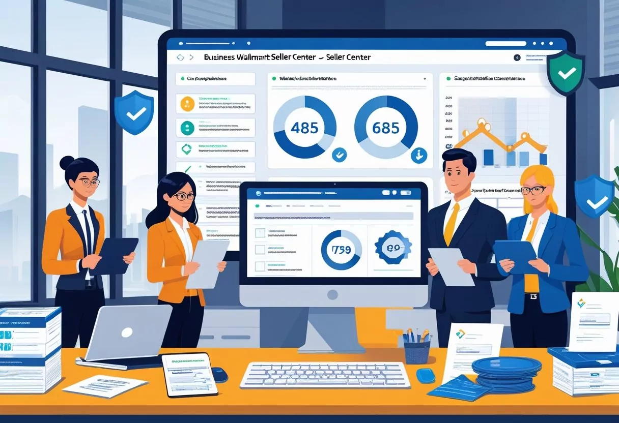 Business professionals reviewing documents and digital devices in an office with a large screen showing compliance metrics and verification symbols.