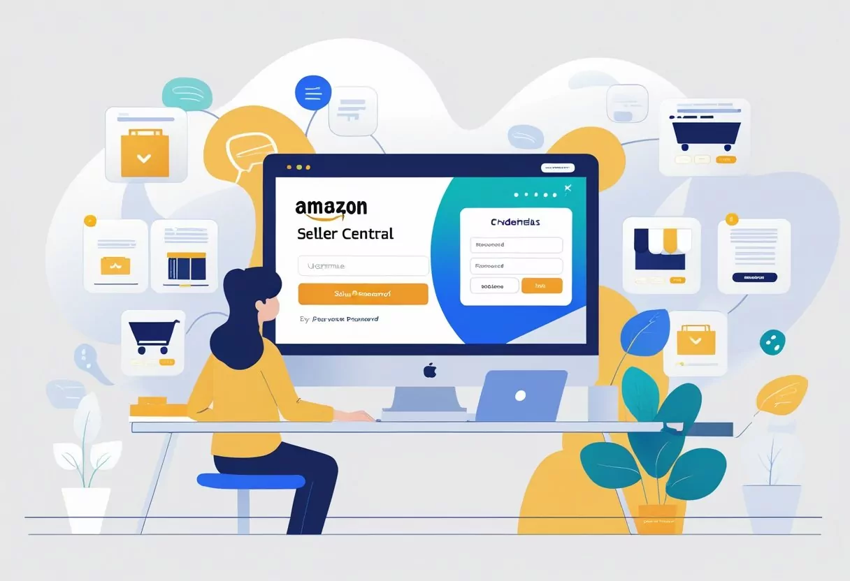 A person sitting at a desk using a computer to log into an online seller platform, with icons representing e-commerce around the workspace.