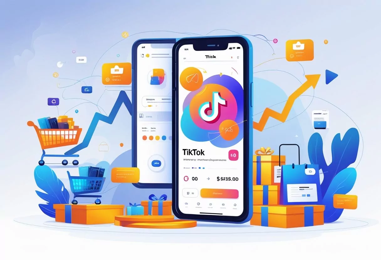 A smartphone showing a TikTok video ad connected to ecommerce icons like shopping carts, product boxes, and sales charts, illustrating how TikTok ads support online shopping.