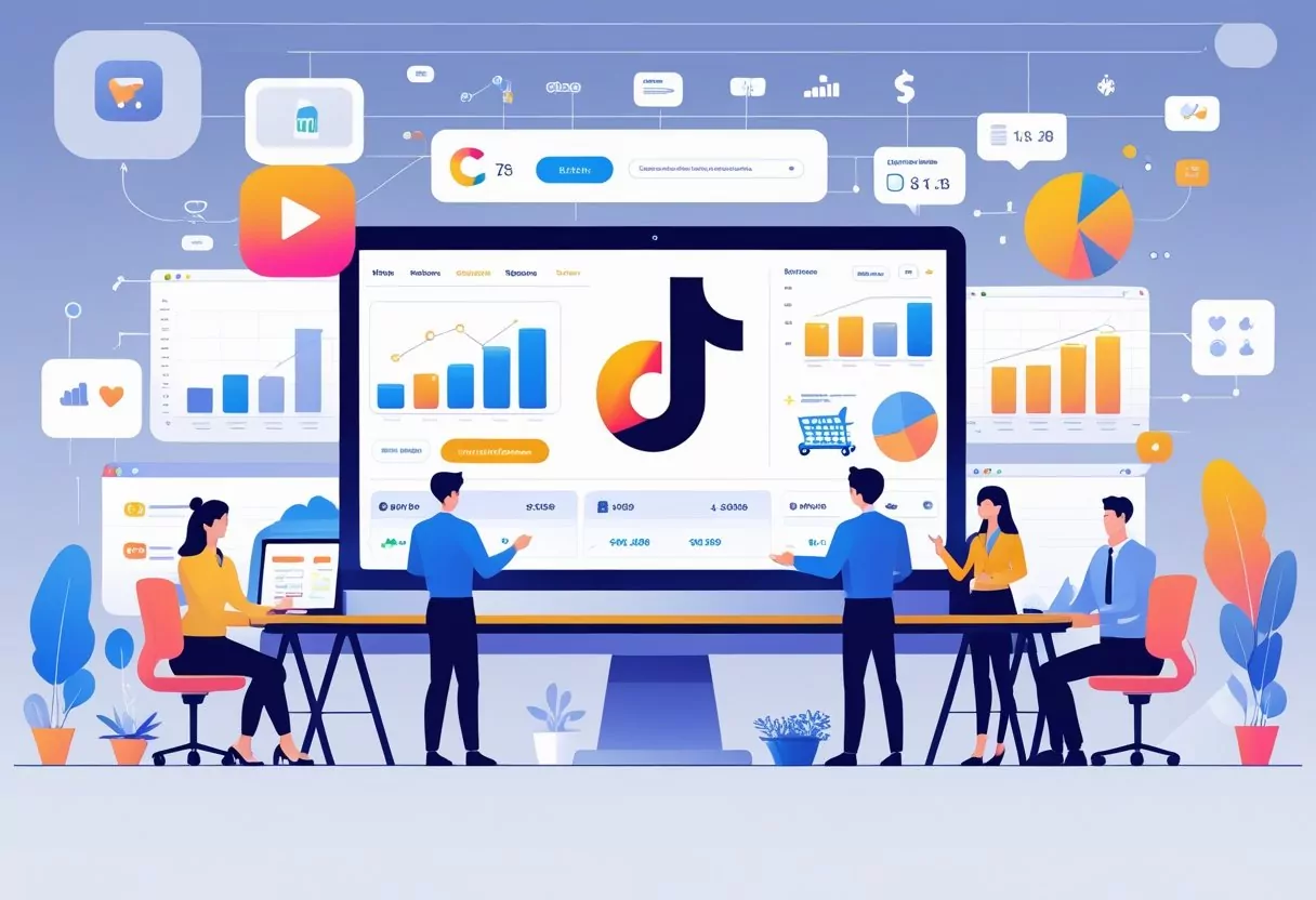 A digital workspace with people analyzing data and ecommerce visuals alongside a TikTok logo on a computer screen.