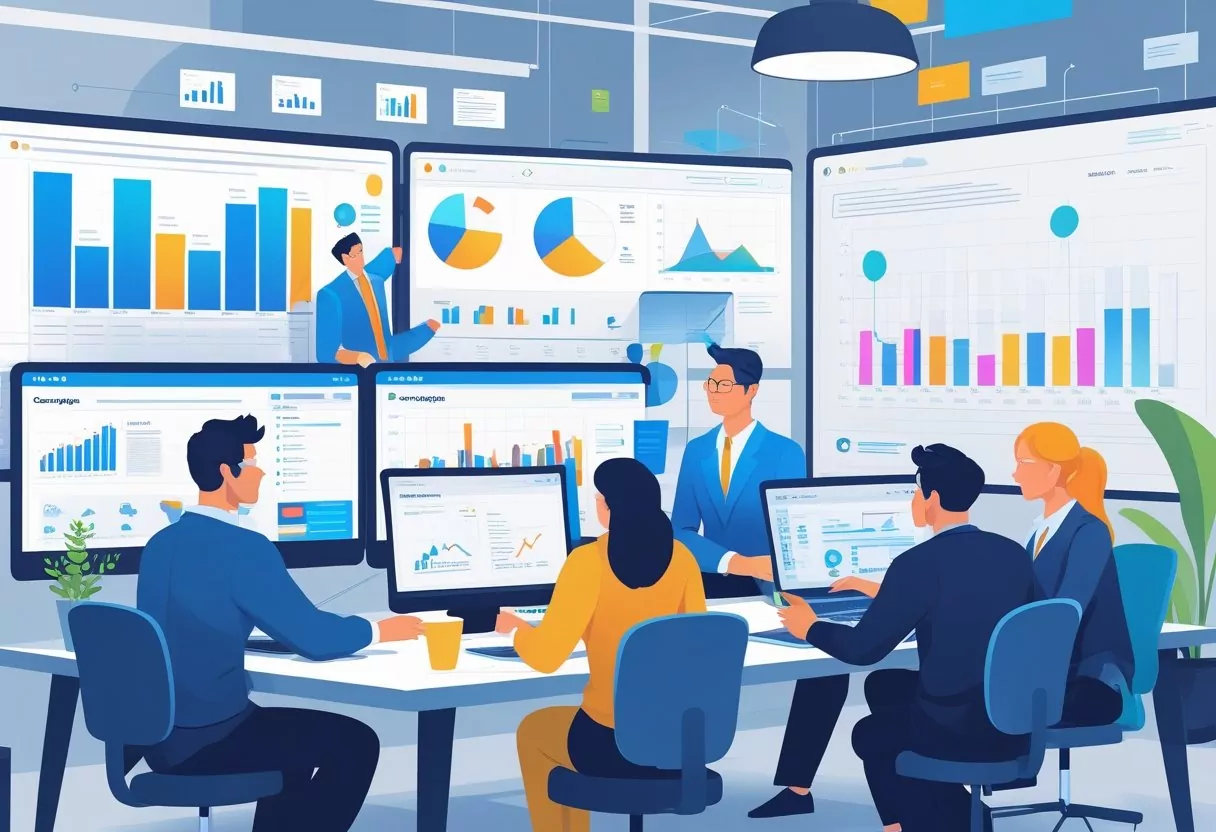 A team of marketing professionals working together in a modern office with computer screens showing data and charts.