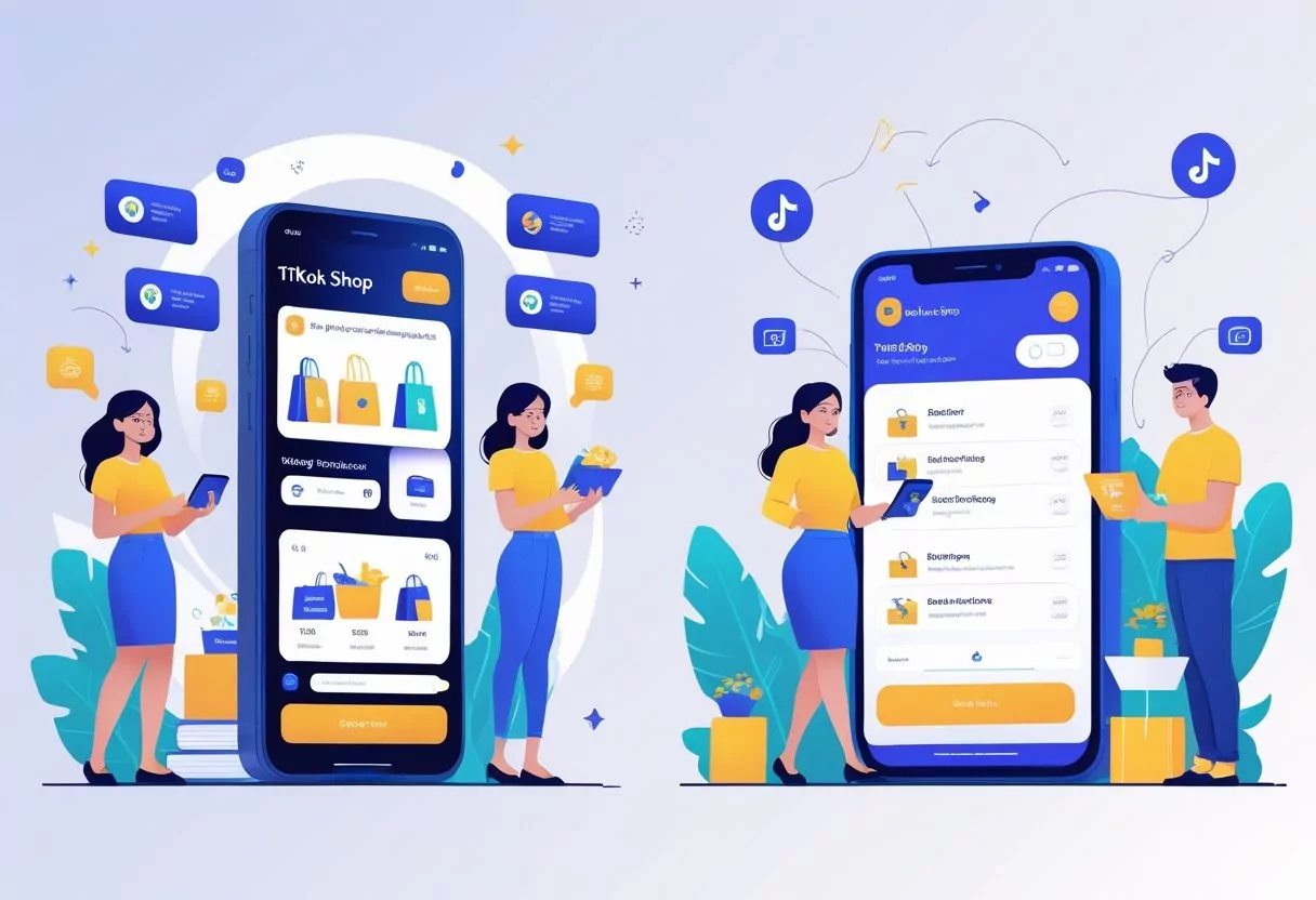 Illustration showing sellers presenting products on a smartphone and buyers browsing and purchasing items through an online shopping interface, connected by arrows indicating the buying and selling process.