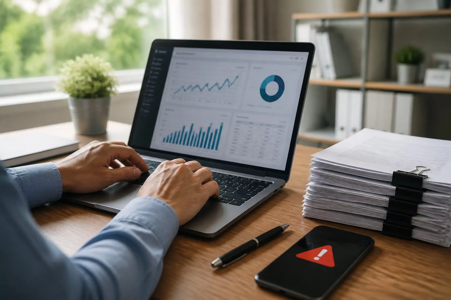 Hands working on a laptop at a desk with paperwork and a smartphone nearby in a bright office setting.