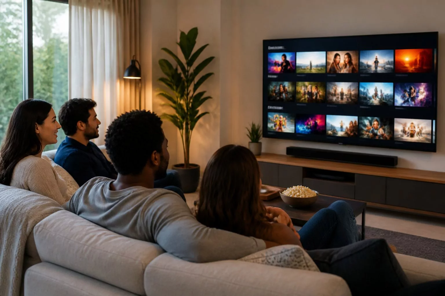 People sitting on a sofa watching a large TV screen displaying a streaming service interface in a bright living room.