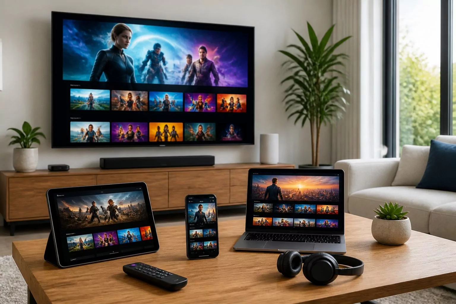 A living room with a smart TV, tablet, smartphone, and laptop all showing streaming content, arranged on and around a coffee table.