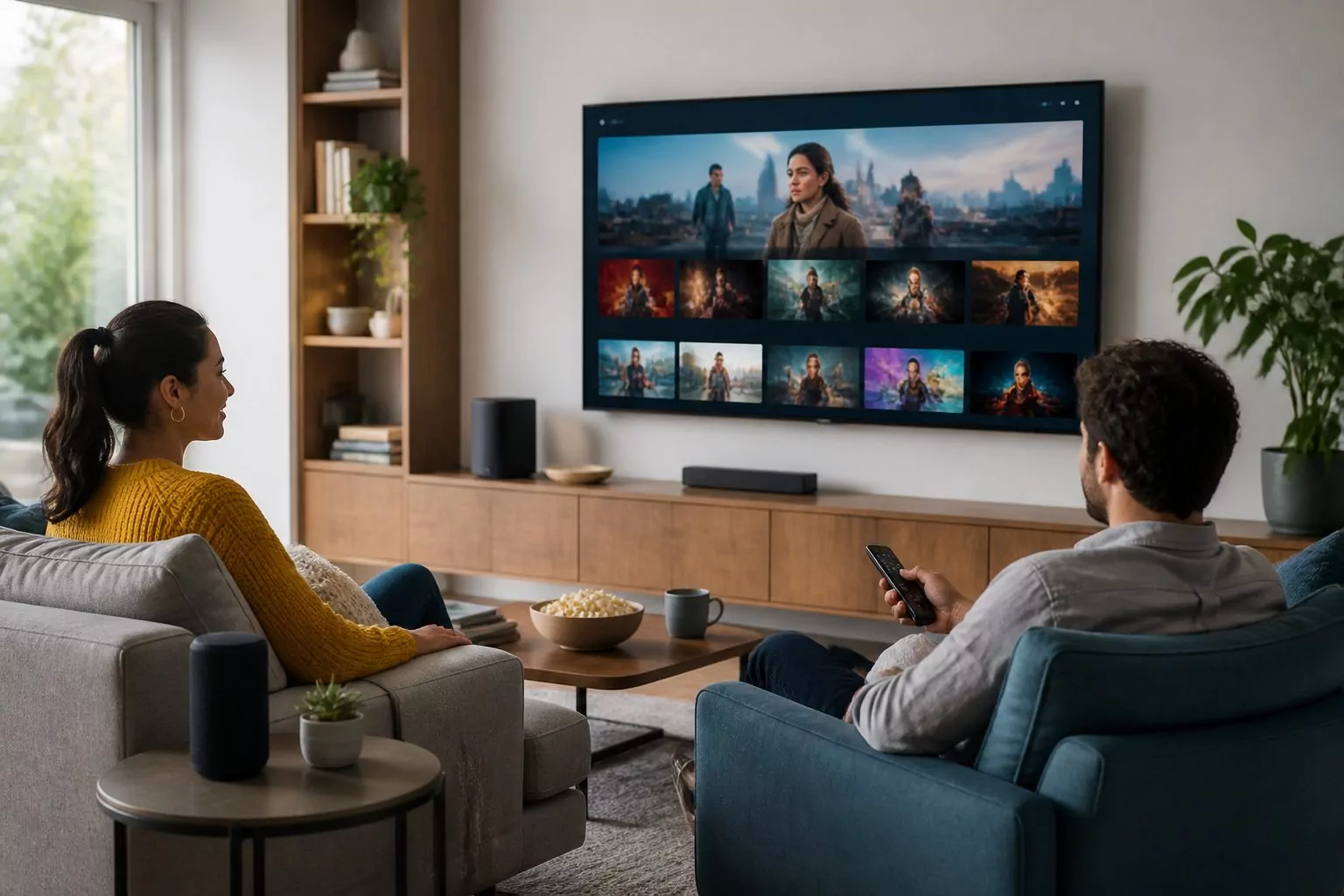 People enjoying a streaming service on a large TV in a modern living room.