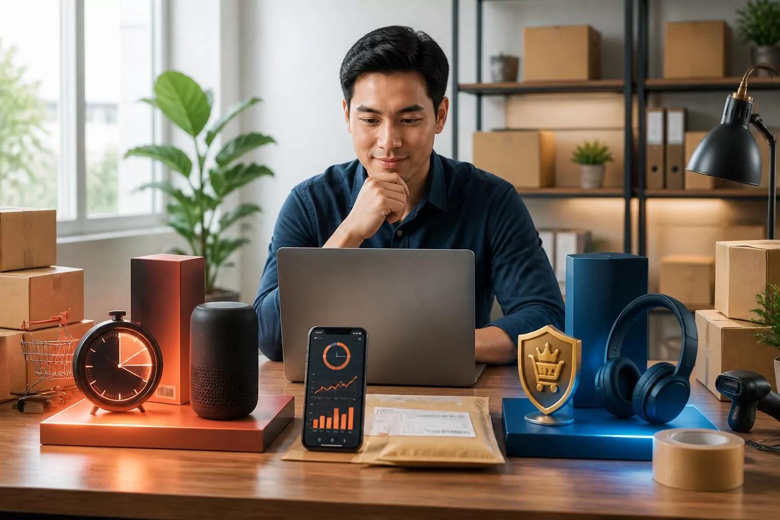 An online seller compares two product promotion strategies at a modern e-commerce workspace.