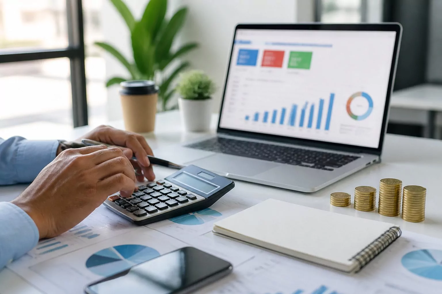 A marketer calculates an online advertising budget beside a laptop showing abstract campaign charts.