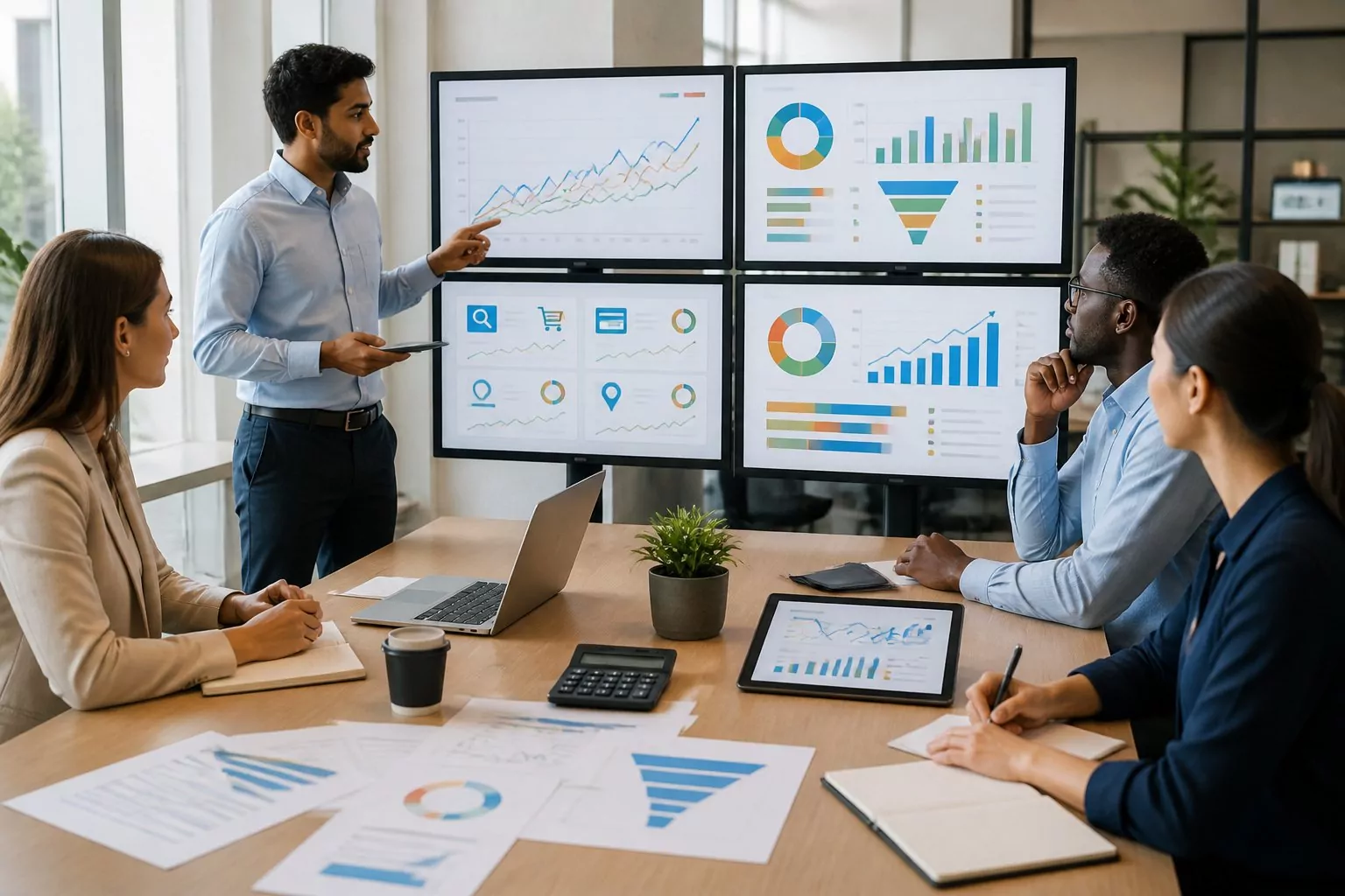 Digital marketing professionals review campaign performance and advertising budgets on computer monitors.