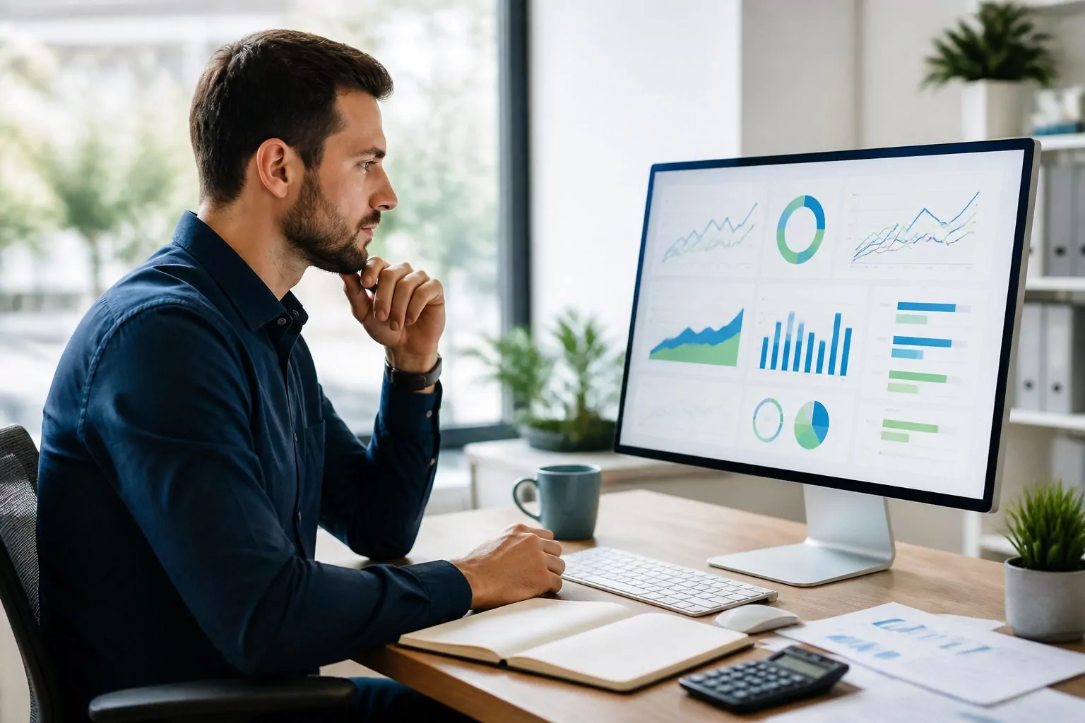 A marketing professional reviews advertising budget charts on a computer in a modern office.