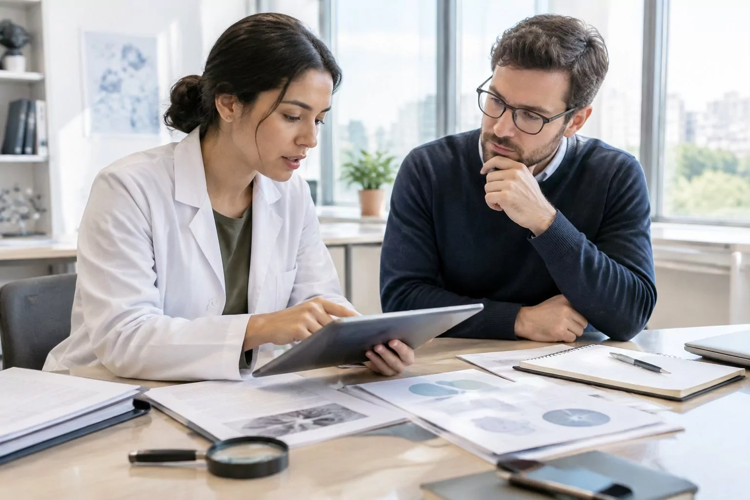 A researcher reviews scientific papers with a colleague in a workspace.